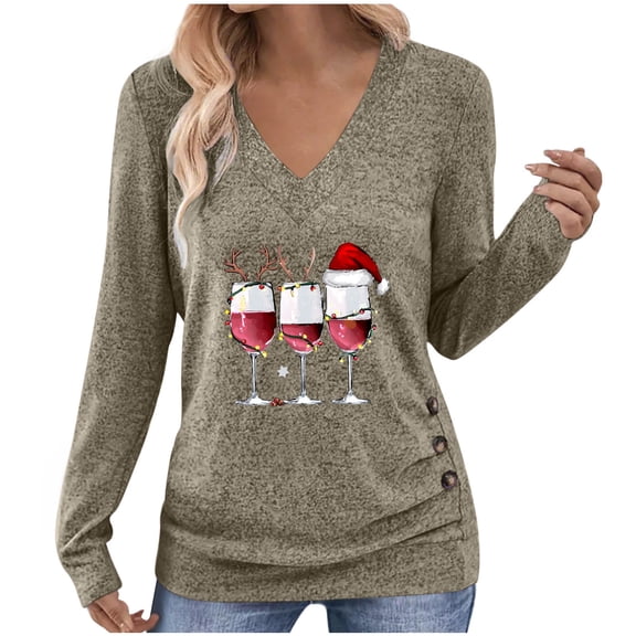 qucoqpe Women's Christmas Print Pullover, Long Sleeve Shirts for Women Casual Festive Holiday Tops