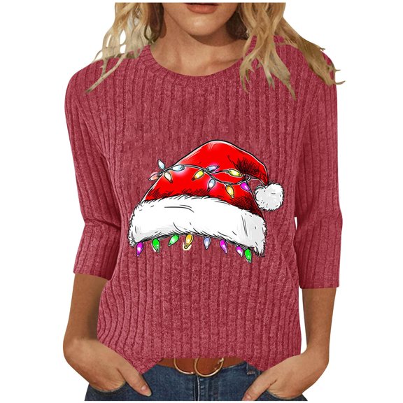 qucoqpe Women's Christmas Tree Tops Soft Ribbed Pullover Top, Casual Round Neck 3/4 Sleeve Sweaters for Women