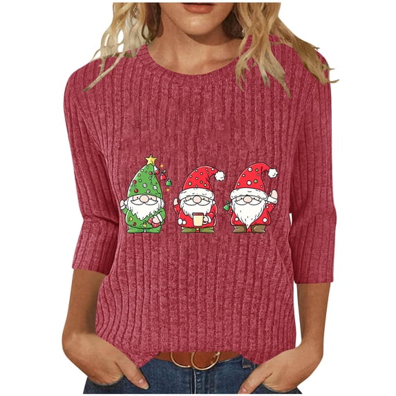 qucoqpe Women's Christmas Tree Tops Soft Ribbed Pullover Top, Casual Round Neck 3/4 Sleeve Sweaters for Women