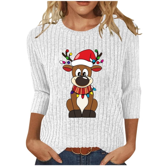 qucoqpe Women's Christmas Tree Tops Soft Ribbed Pullover Top, Casual Round Neck 3/4 Sleeve Sweaters for Women