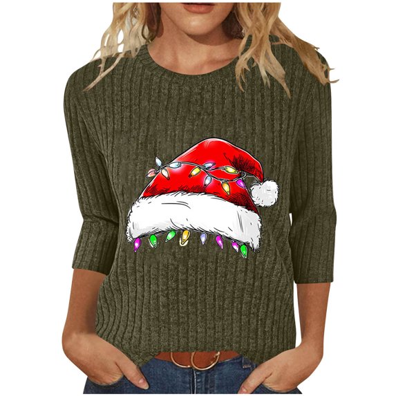 qucoqpe Women's Christmas Tree Tops Soft Ribbed Pullover Top, Casual Round Neck 3/4 Sleeve Sweaters for Women