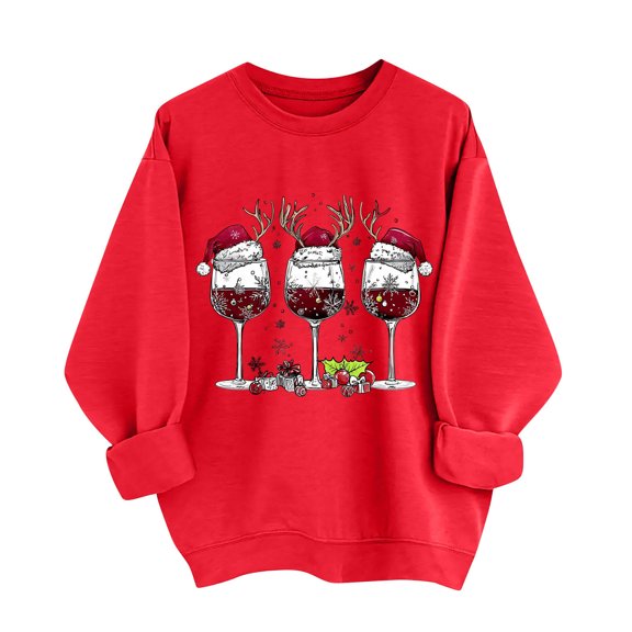 qucoqpe Women's Christmas Wine Glasses Printed Sweatshirts Fashion Causal Crewneck Tops Red Series Long Sleeve Oversized Pullovers for 2025 Fall Winter