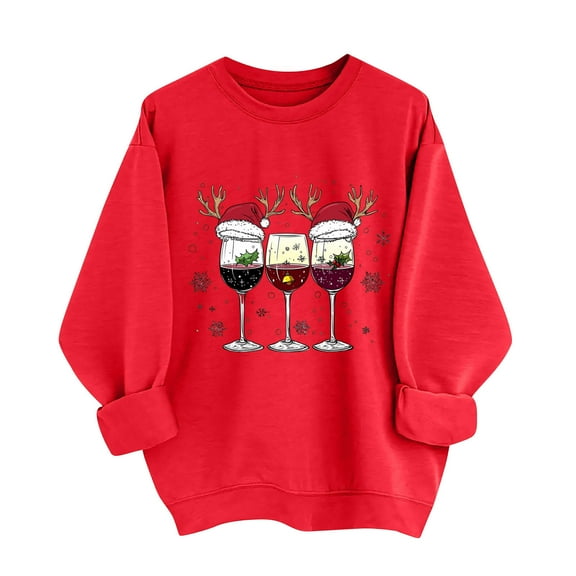 qucoqpe Women's Christmas Wine Glasses Printed Sweatshirts Fashion Causal Crewneck Tops Red Series Long Sleeve Oversized Pullovers for 2025 Fall Winter