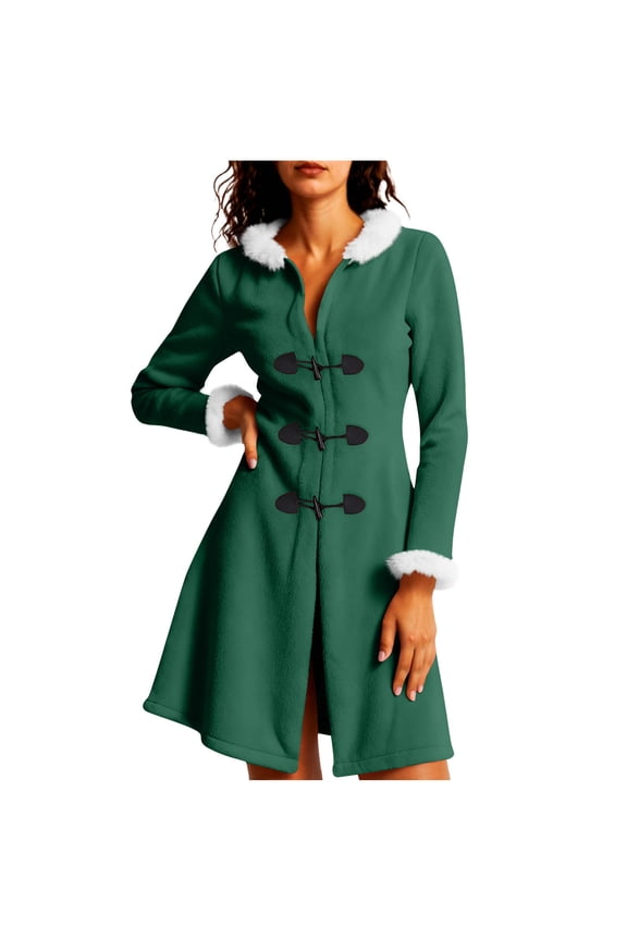Women's Christmas Winter Coats Fashion Fuzzy Fleece Hooded Jacket with Faux Furs Trims Toggle Buttons Long Sleeve Trench Coat