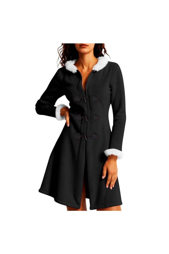 Women's Christmas Winter Coats Fashion Fuzzy Fleece Hooded Jacket with Faux Furs Trims Toggle Buttons Long Sleeve Trench Coat