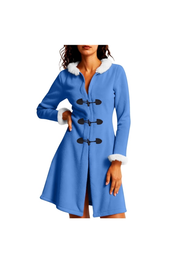 Women's Christmas Winter Coats Fashion Fuzzy Fleece Hooded Jacket with Faux Furs Trims Toggle Buttons Long Sleeve Trench Coat