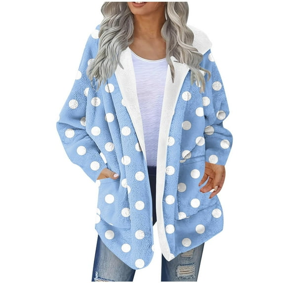 qucoqpe Women's Classic Polka Dots Fleece Jacket Thermal Plushy Long Sleeve Fuzzy Coats for Winter Fall