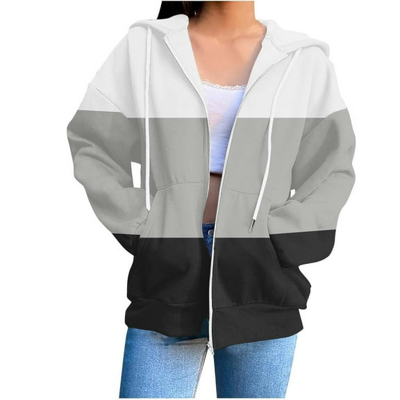 qucoqpe Women's Color-Block Hooded Jacket Oversized Zip-Up Sweatshirt Fall Winter Casual Tops
