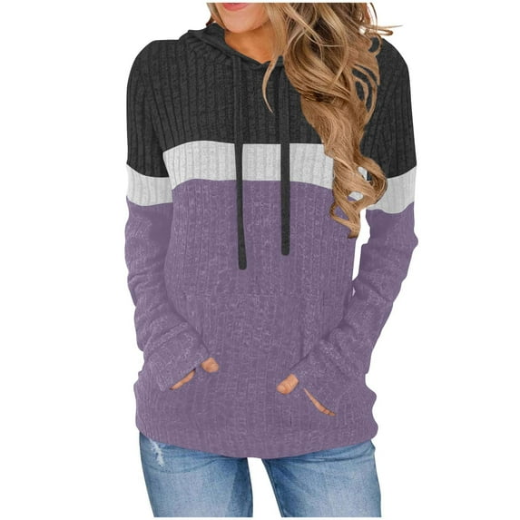 qucoqpe Women's Color-Block Hooded Sweatshirt Trendy Drop-Shoulder Pullover Top Loose Casual Brushed Fleece Long Sleeve Pocket Hoodies