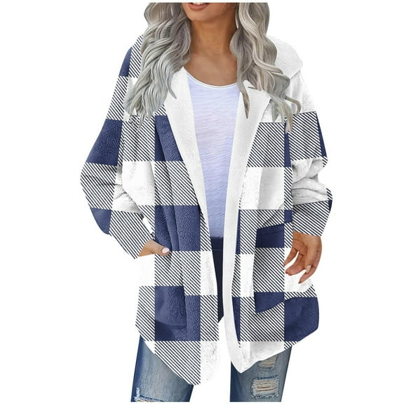 qucoqpe Women's Color Blocked Plaid Fleece Jacket Fashion Casual Long Sleeve Warm Plushy Fuzzy Coat for Fall Winter