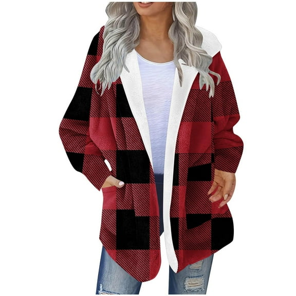 qucoqpe Women's Color Blocked Plaid Fleece Jacket Fashion Casual Long Sleeve Warm Plushy Fuzzy Coat for Fall Winter