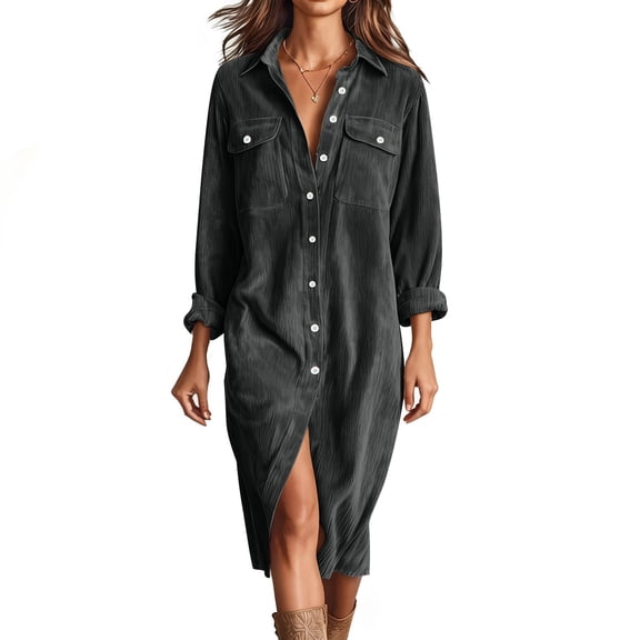 qucoqpe Women's Corduroy Shirt Dress with Lapel Collar and Pockets, Long Sleeve Casual Button Down Tunic Dress Fall Fashion Loose Cocktail Party Midi Dresses