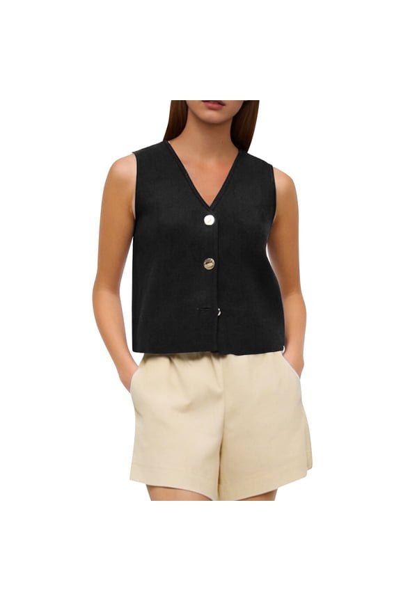 Women's Crop Linen Vest Summer Fashion V Neck Sleeveless Button Down Tops