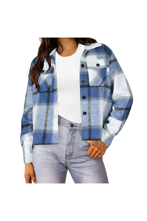 Women's Cropped Flannel Plaid Shacket Casual Button Down Lapel Long Sleeve Shirt Jacket 2025 Fall Winter Fashion Coat Tops