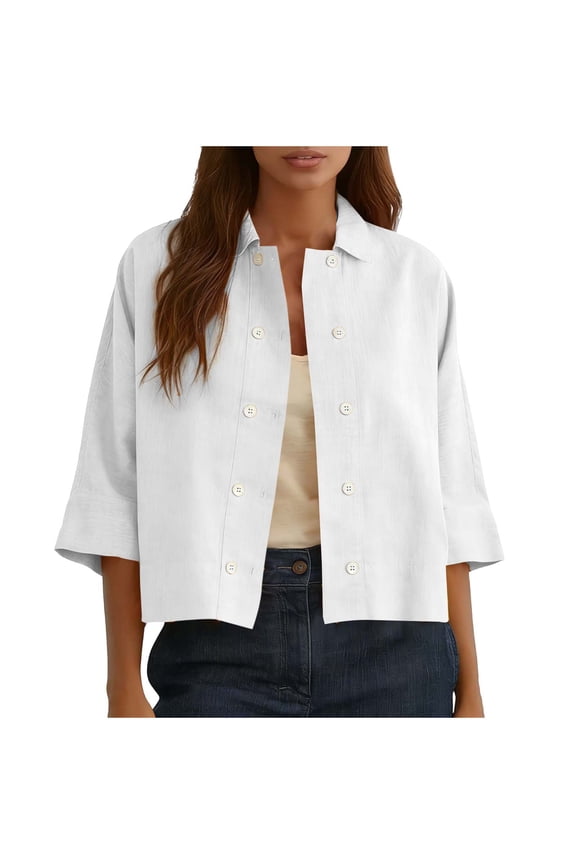 Women's Cropped Linen Shirt Jacket Spring Summer Double Breasted Button Down Lapel Short Sleeve Top Blouse