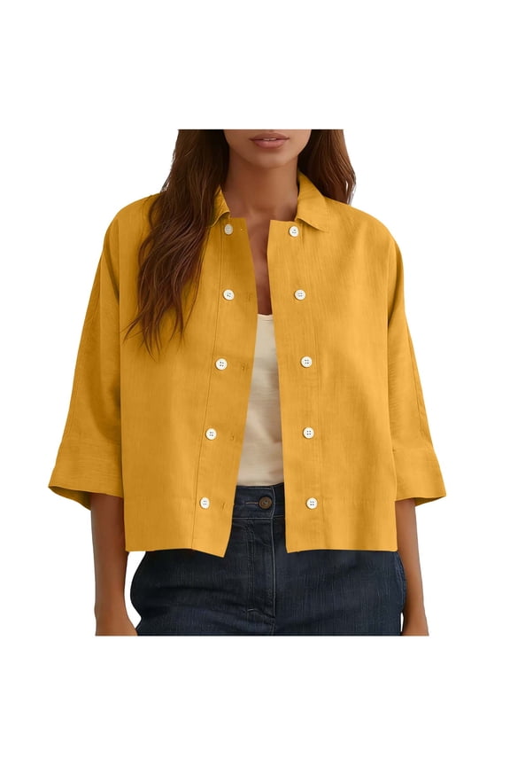 Women's Cropped Linen Shirt Jacket Spring Summer Double Breasted Button Down Lapel Short Sleeve Top Blouse