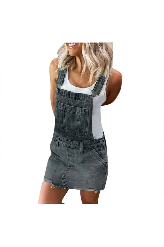 Women's Cute A Line Kaftan Denim Jeans Jumper Pinafore Bib Overall Mini Dress Skirt