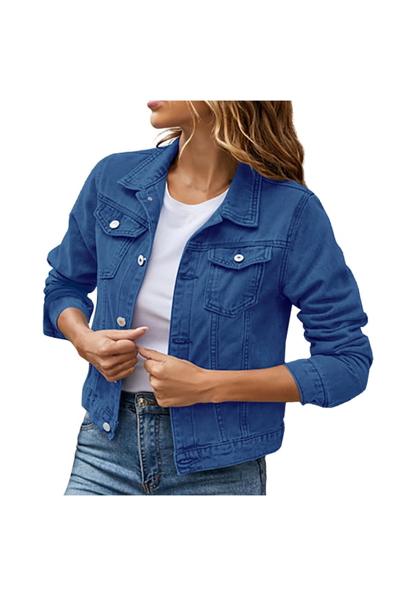 Women's Denim Jackets Oversize Long Sleeve Basic Button Down Jean Jacket with Pockets on Clearance