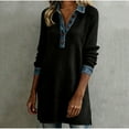 thumbnail image 1 of qucoqpe Women's Denim Patchwork Long Sleeve Dress Casual Button Down Collared V-Neck Shirt Mini Dresses, 1 of 7