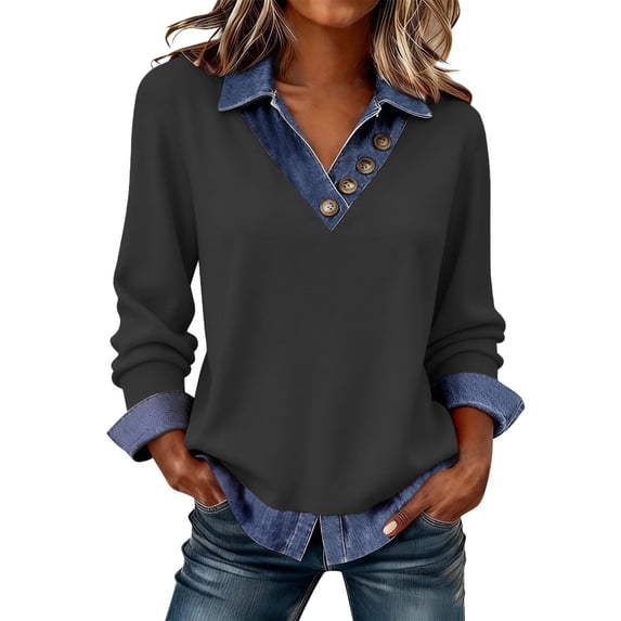 qucoqpe Women's Denim Patchwork Pullover Tops Casual Long Sleeve Button Lapel V Neck Sweatshirt