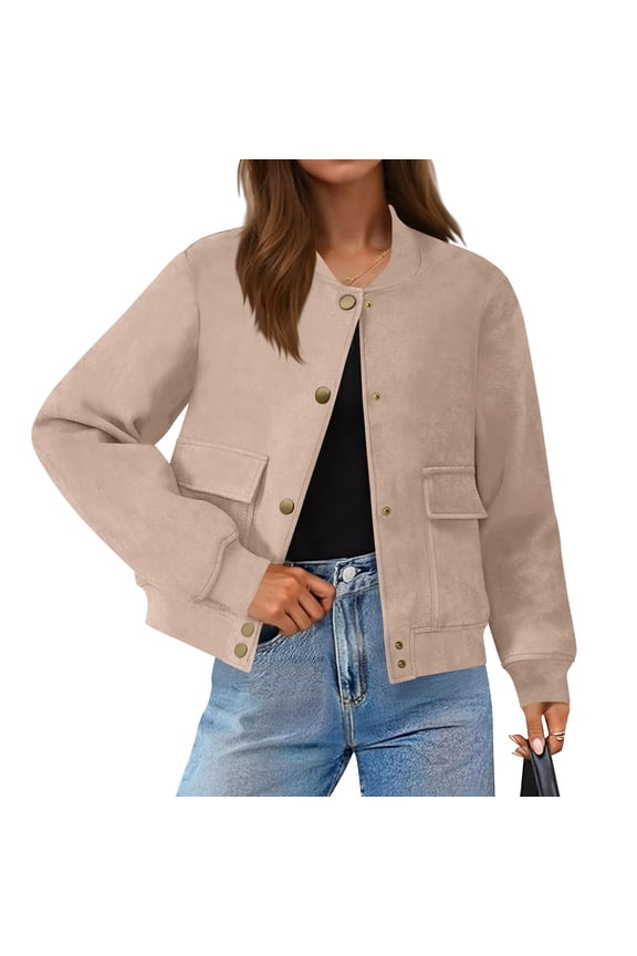 Women's Fall Winter Fashion Leather Jacket Long Sleeve Snap Button Suede Jacket Coat