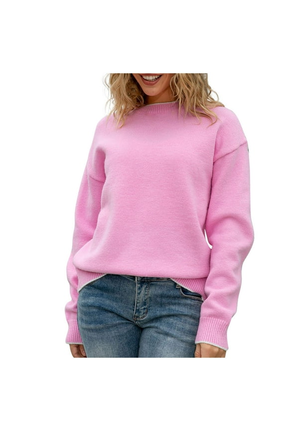 Women's Fashion Casual Round Neck Knit Sweater Long Sleeve Back Bow Tie Pullover Loose Fit Cable Knit Top