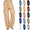 thumbnail image 1 of qucoqpe Women's Faux Denim Cargo Pants Loose Solid Elastic Waist Drawstring Wide Leg Straight Trousers with Pockets Beige 2XL, 1 of 6
