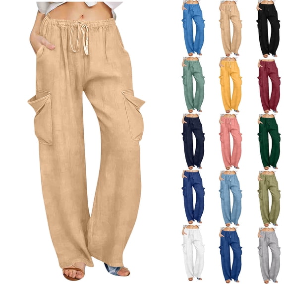 qucoqpe Women's Faux Denim Cargo Pants Loose Solid Elastic Waist Drawstring Wide Leg Straight Trousers with Pockets Beige 2XL