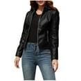 thumbnail image 1 of qucoqpe Women's Faux Leather Jacket Moto Biker Coat with Detachable Hood Motorcycle Jacket on Clearance, 1 of 5