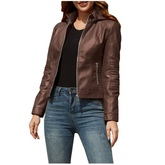 qucoqpe Women's Faux Leather Jacket Moto Biker Coat with Detachable Hood Motorcycle Jacket on Clearance