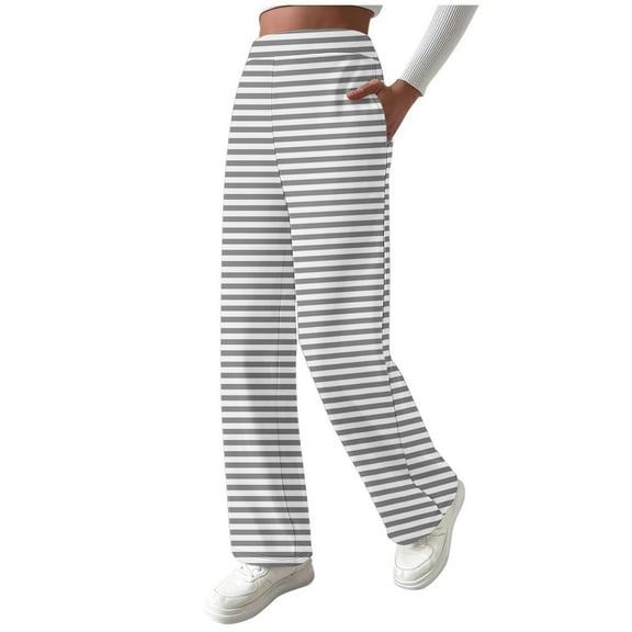 qucoqpe Women's Fleece-Lined High-Waisted Pants Striped Wide-Leg Trousers with Pockets Comfy Lounge Pants for Fall and Winter
