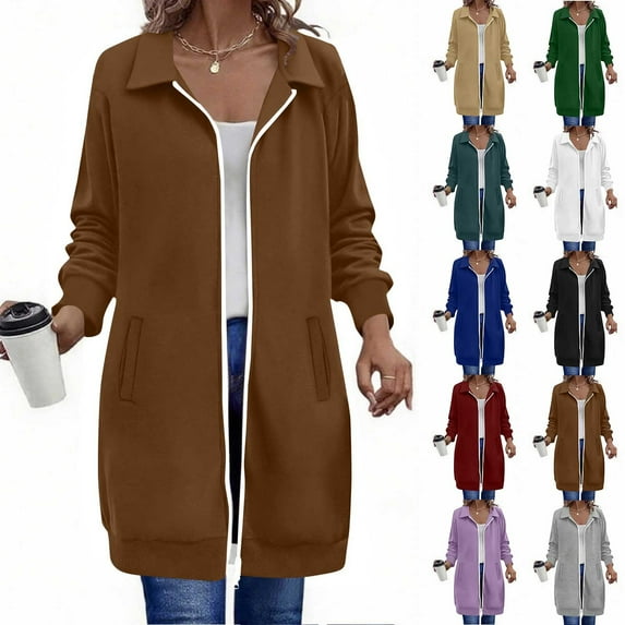 qucoqpe Women's Fleece Zip Up Hoodies Jacket Oversized Long Tunic Sweatshirts Fall Winter Trendy Lapel Long Sleeve Outwear Coat Tops with Pockets