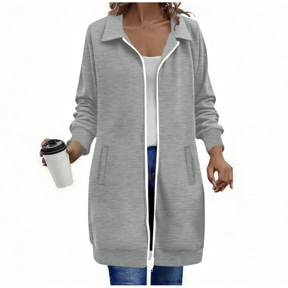 qucoqpe Women's 2025 Winter Fashion Oversized Sweatshirts Coats Solid Lapel Long Sleeve Outwear Full Zip Up Long Hoodies Tops with Pockets