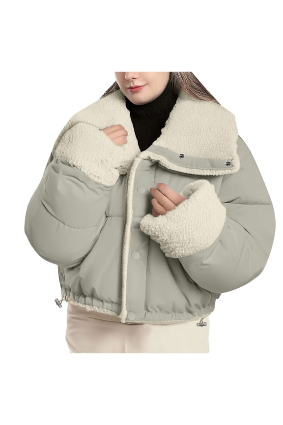 Women's Fuzzy Fleece Cropped Jacket Trendy Casual Solid Puffer Coat Winter Lapel Long Sleeve Warm Outerwear Clothing for Women
