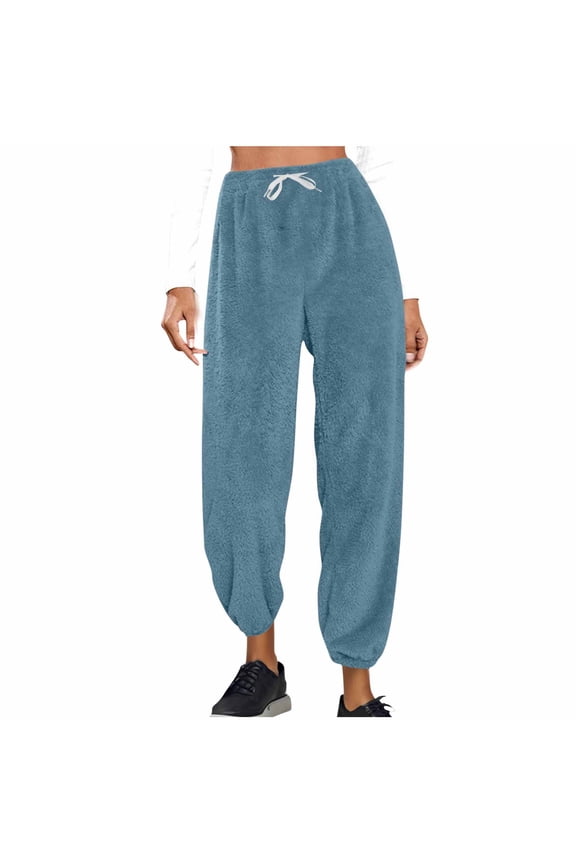 Women's Fuzzy Plush Pajama Pants Warm Fleece Drawstring Elastic Waist Wide Leg Teddy Pjs Bottoms Cuffed Lounge Pants