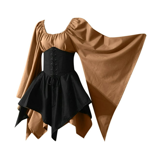 qucoqpe Women's Halloween Medieval Dress U Neck Bat Sleeve Renaissance ...