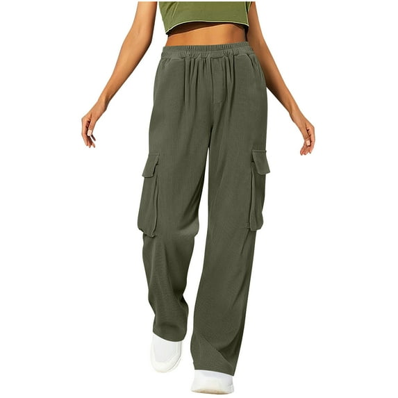 qucoqpe Women's High Waist Corduroy Cargo Pants Trendy Comfortable Straight Leg Trousers with Elastic Waist Casual Streetwear with Pockets
