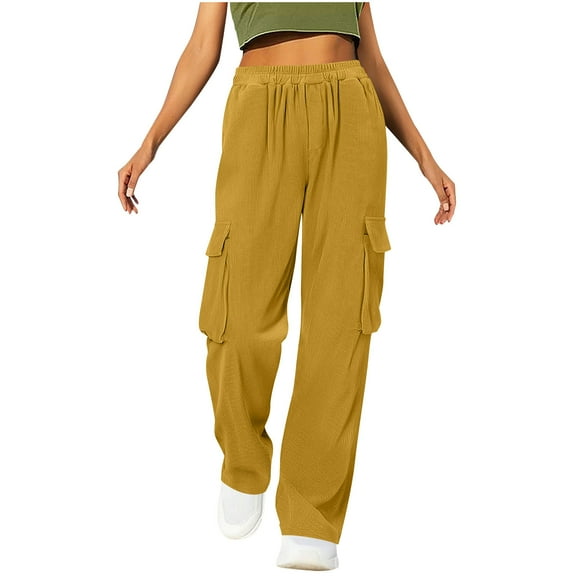 qucoqpe Women's High Waist Corduroy Cargo Pants Trendy Comfortable Straight Leg Trousers with Elastic Waist Casual Streetwear with Pockets