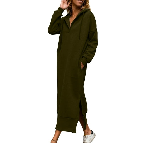 qucoqpe Women's Hooded Pullover Sweatshirt Maxi Dress Basic Solid Long Sleeve Hoodie Maxi Long Dresses for Women