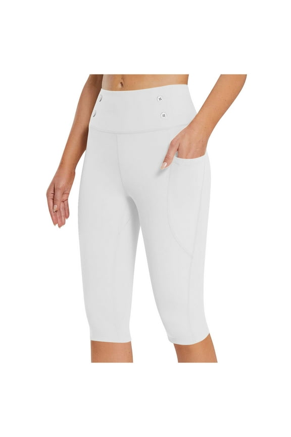 Women's Knee Length Capri Leggings High Waisted Button Yoga Gym Workout Exercise Capris for Casual Summer with Pockets