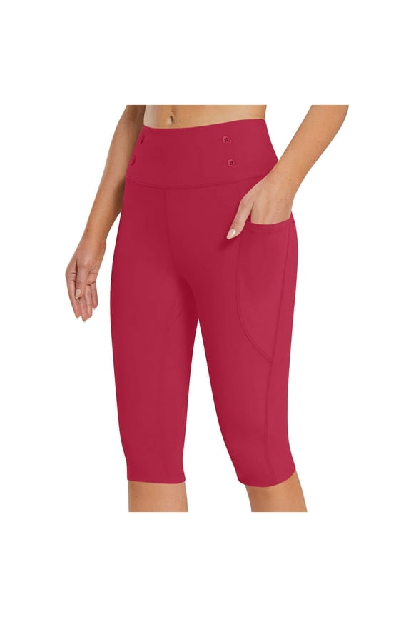 Women's Knee Length Capri Leggings High Waisted Button Yoga Gym Workout Exercise Capris for Casual Summer with Pockets