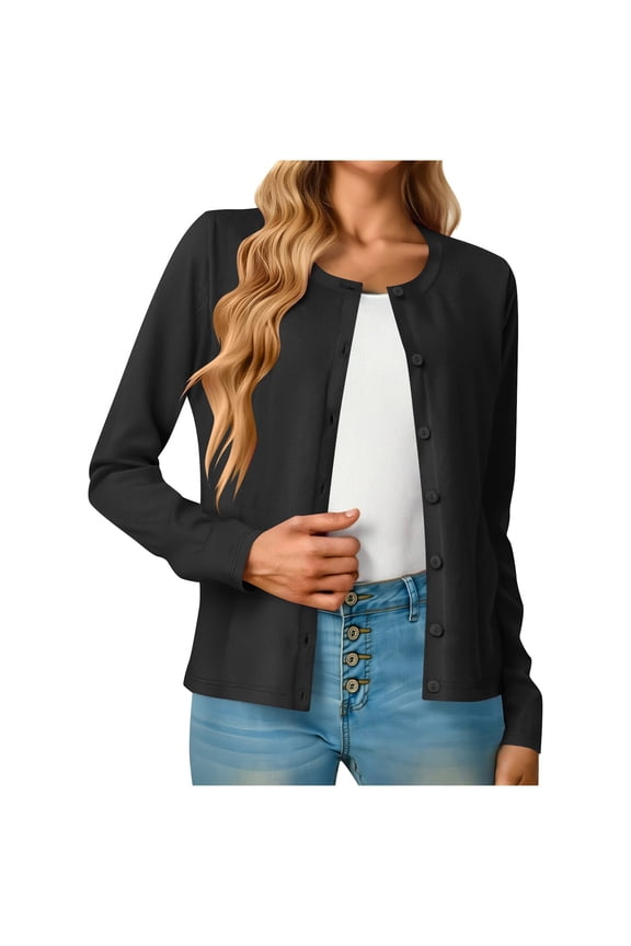 Women's Lightweight Button Down Cardigan Long Sleeve Casual Crew Neck Soft Knit Cardigan Sweater Tops for Women