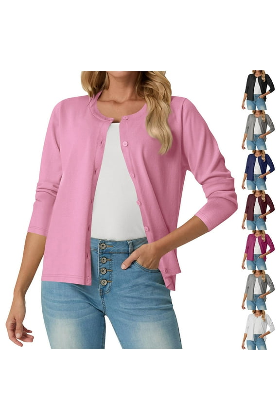 Women's Lightweight Button Down Cardigan Long Sleeve Casual Crew Neck Soft Knit Cardigan Sweater Tops for Women