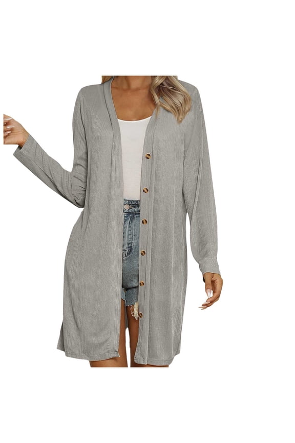 Women's Lightweight Longline Button-Down Cardigan Solid Color Casual Knit Open Front Sweater Casual Long Sleeve Cover-Up for Layering