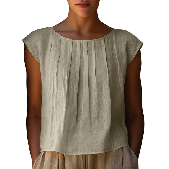 qucoqpe Women's Linen Cotton Tops Solid Summer Fashion Color Casual Pleated Round Neck Blouse