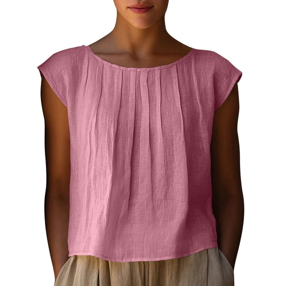 qucoqpe Womens Summer Crop Tops Fashion Casual Solid Color Short Sleeve Pleated Crew Neck Shirts Lightweight Loose Fit Blouses