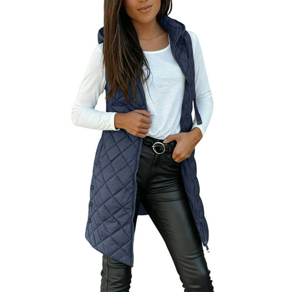 qucoqpe Women's Long Puffer Vest Classic Solid Sleeveless Quilted Coat Winter Outwear Warm Jackets