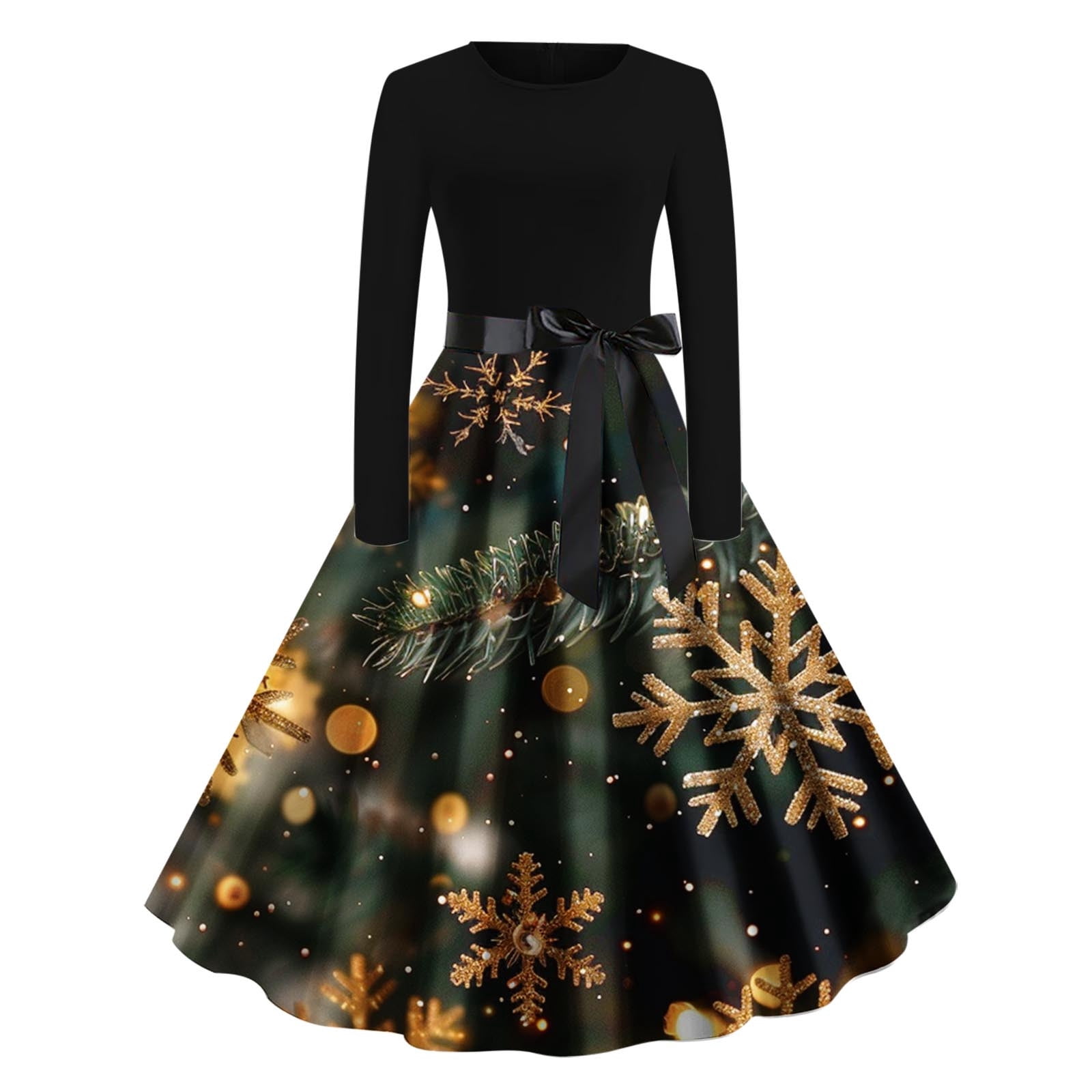 midi long sleeve christmas dress women qucoqpe Women's Long Sleeve Christmas Printed Dressy Dress Elegant Vintage  Round Neck Holiday Party A Line Midi Dress with Belt