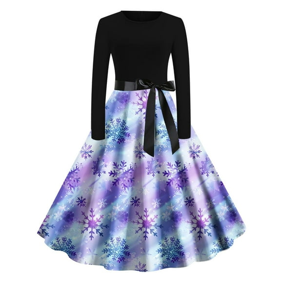 qucoqpe Women's Long Sleeve Christmas Printed Dressy Dress Elegant Vintage Round Neck Holiday Party A Line Midi Dress with Belt