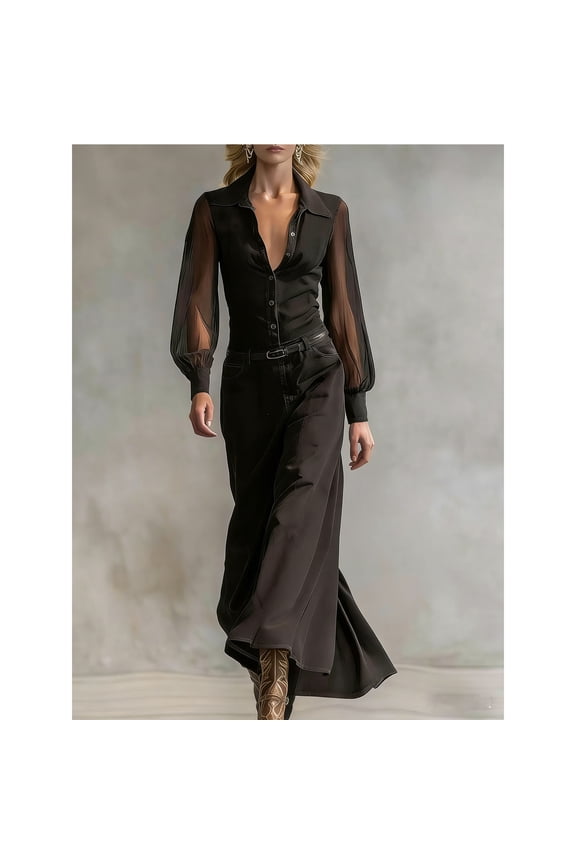 Women's Long Sleeve Through Mesh Dress Fashion V-Neck Button Front Patchwork Maxi Dresses No Belt Included